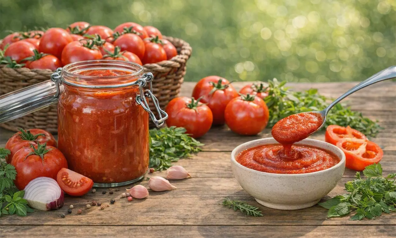 Ketchup de casă cu textură fină și culoare roșu intens, servit într-un bol ceramic lângă un borcan și roșii proaspete pe masă de lemn, AI-labeled image