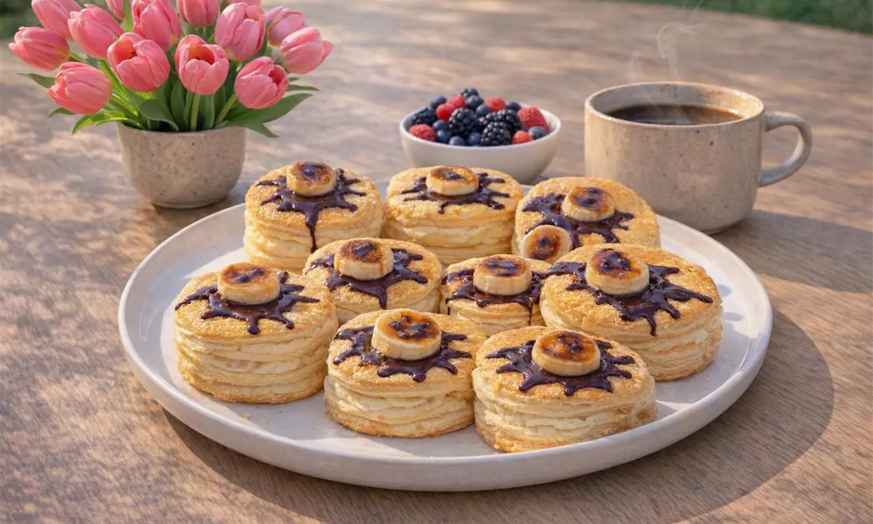 Foietaje aurii stratificate, decorate cu Creme Ole și felii de banană caramelizată, aranjate pe o farfurie albă rotundă pe fundal de lemn