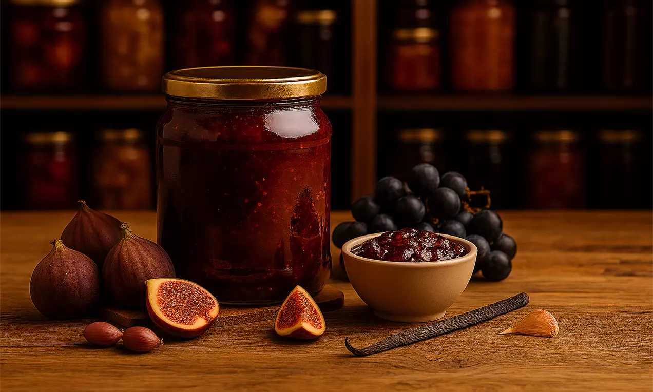 Un borcan cu dulceață de smochine și struguri negri, lângă o cupă ceramică cu dulceață, smochine proaspete și un ciorchine de struguri pe masă