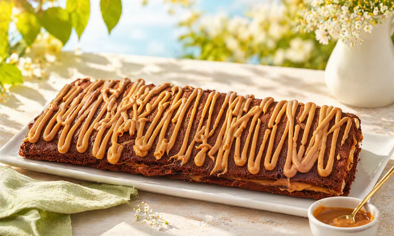 Prăjitură dreptunghiulară cu blat ciocolatiu umed, glazurată cu dungi dense de cremă cafenie caramel pe un platou alb