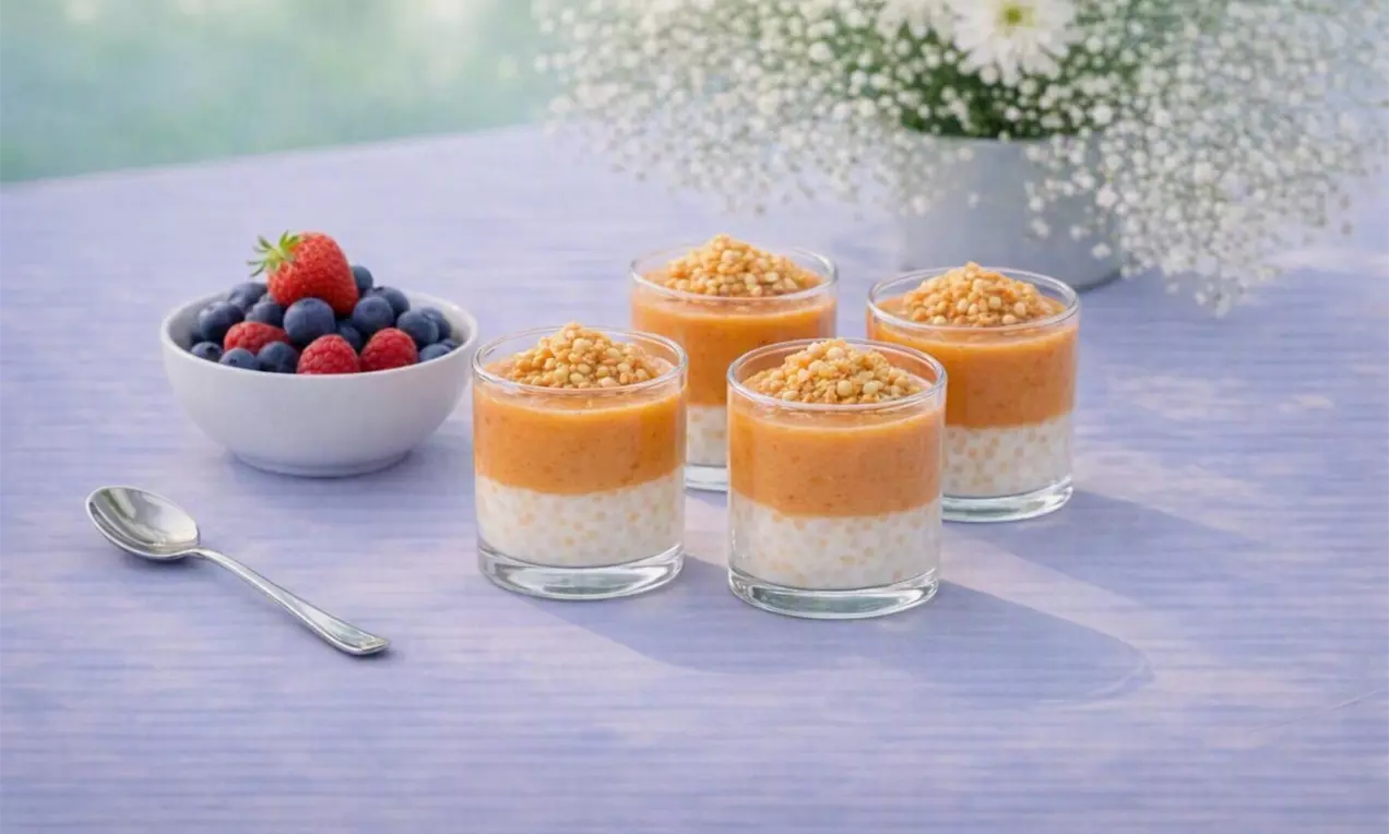 Desert stratificat în pahare de sticlă, cu fulgi de ovăz albi, cremă caramel aurie și topping crocant, alături de fructe proaspete pe masă, AI-labeled image