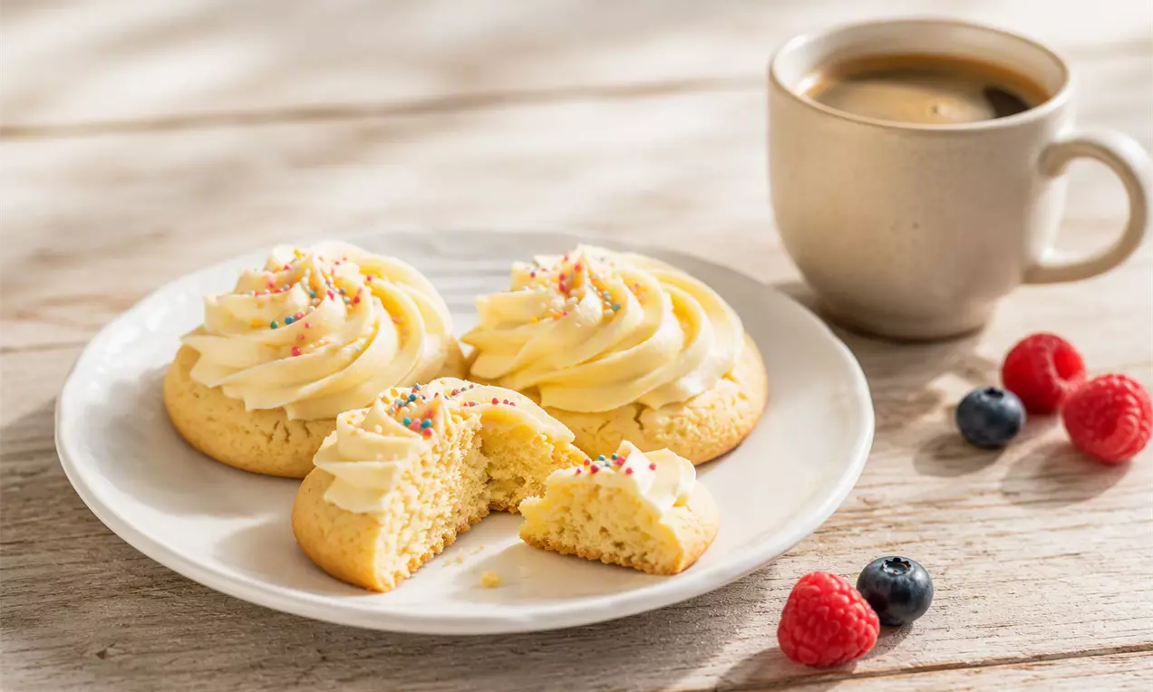 Biscuiți aurii și fragezi cu cremă de unt și ciocolată albă în spirală, presărați cu bombonele, pe o farfurie albă lângă fructe proaspete și o cafea, AI-labeled image