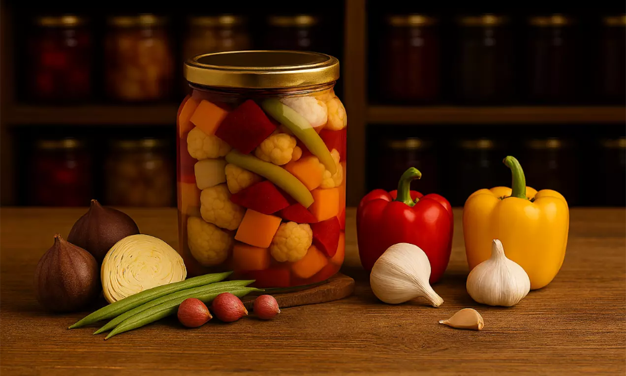 Legume colorate tăiate cuburi și bucăți delicate, conservate într-un borcan, alăturate pe masă de usturoi, ceapă și ardei proaspeți