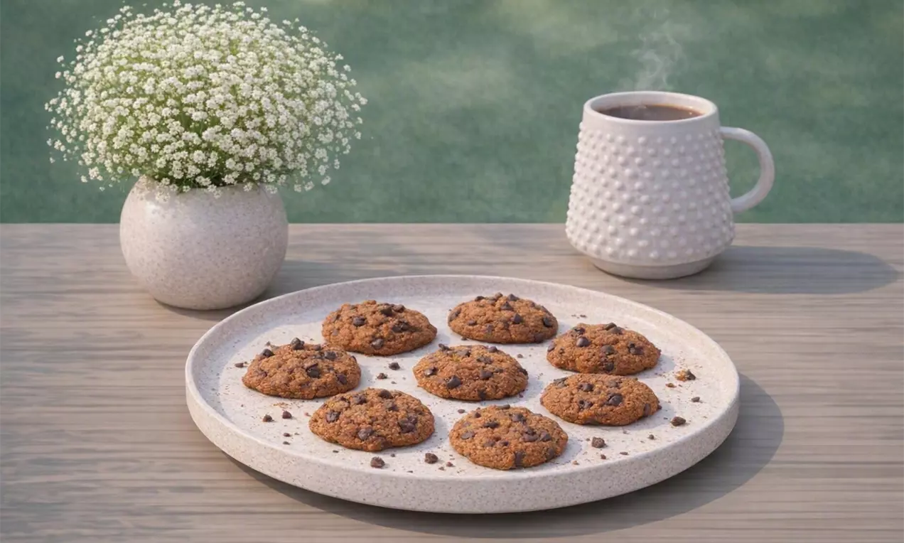 Biscuiți aurii cu bucăți mici de ciocolată, cu textura ușor crocantă, așezați pe o farfurie ceramică alături de o ceașcă și o vază cu flori, AI-labeled image